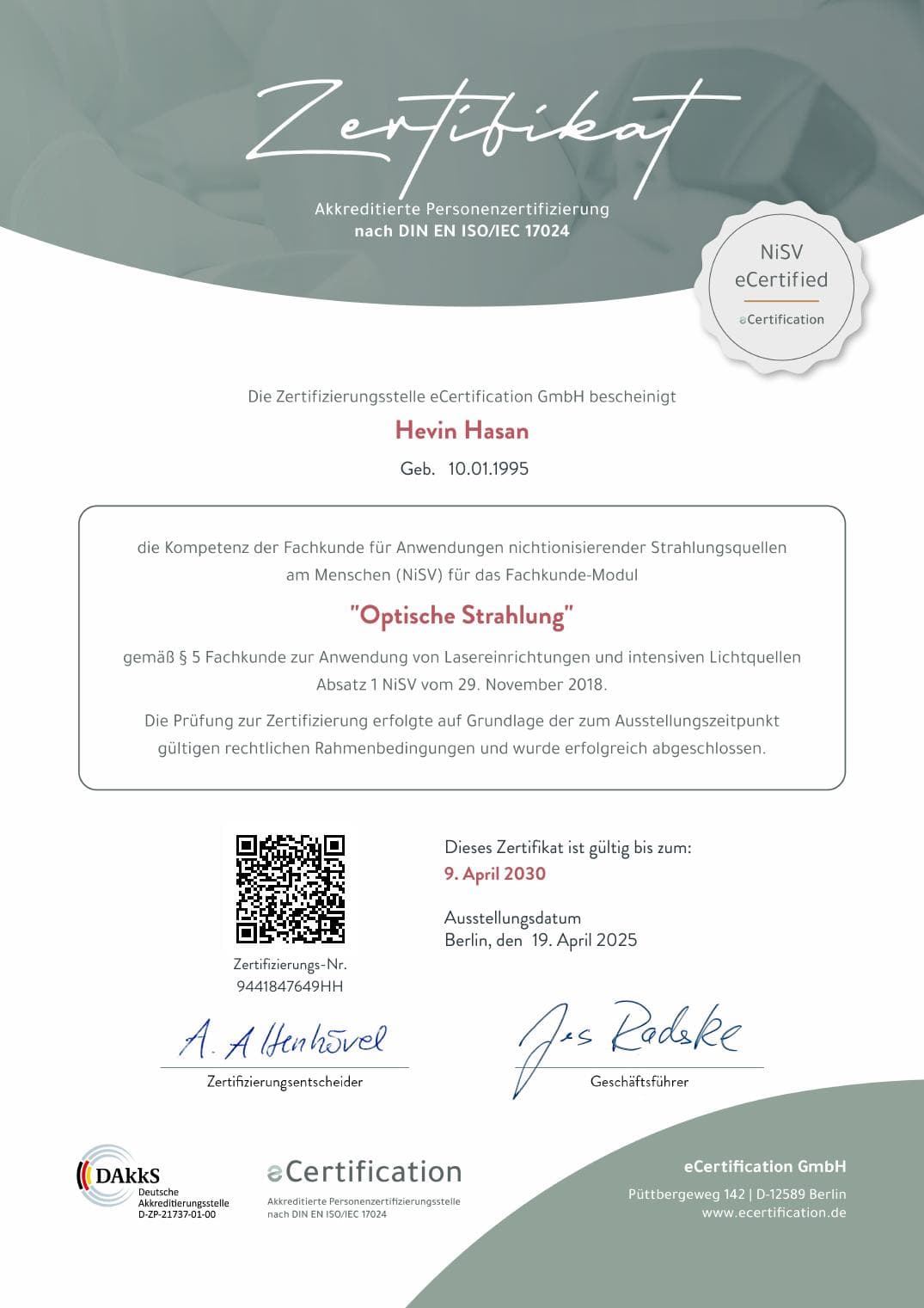NiSV — Optische Strahlung — eCertification GmbH